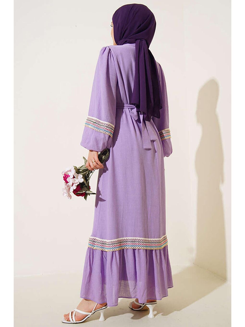 2470 Uzun Tesettür Elbise - Lila-3