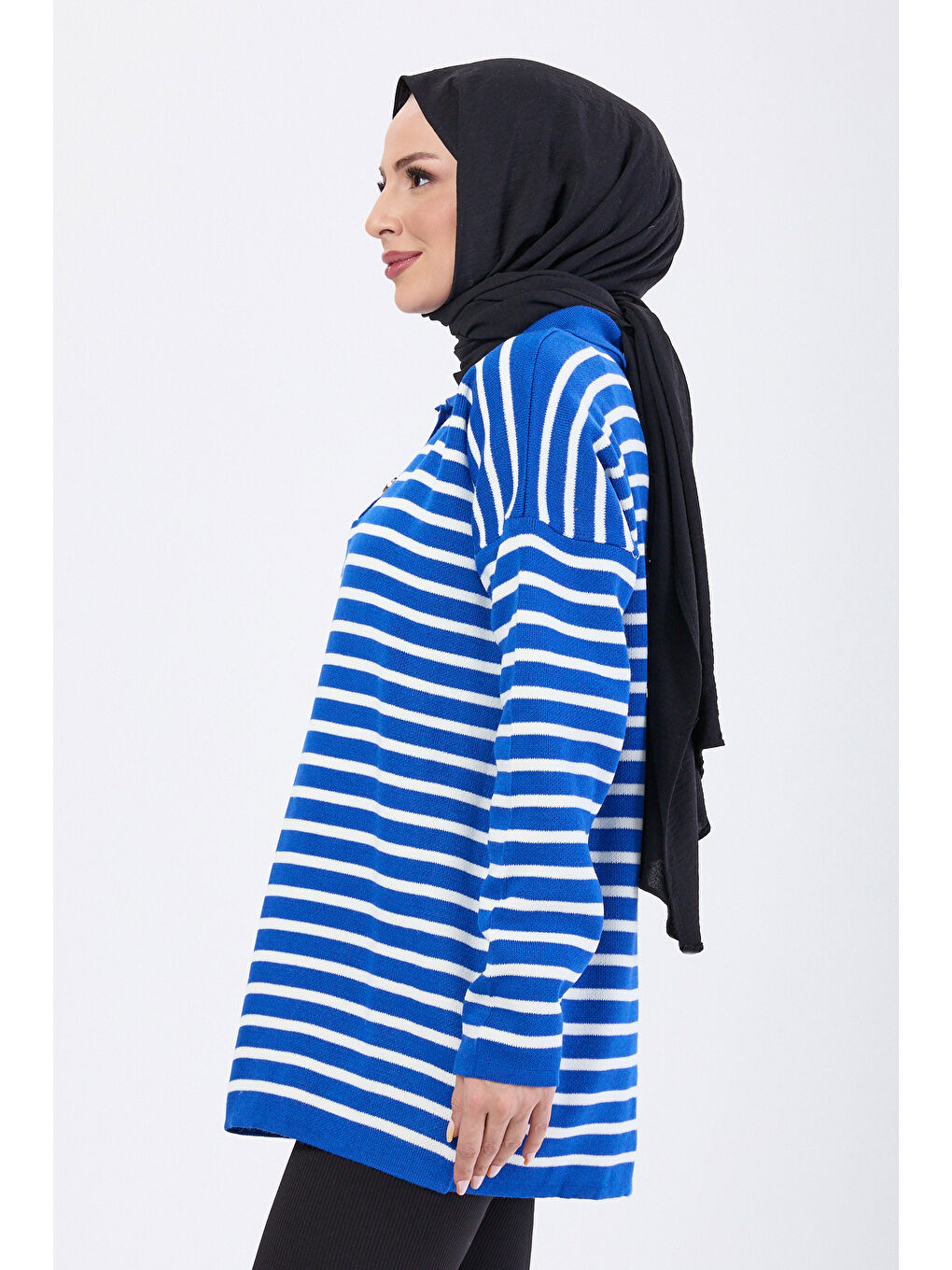 Mavi Çift Düğmeli Çizgili Triko Kazak Saks - 27628-1