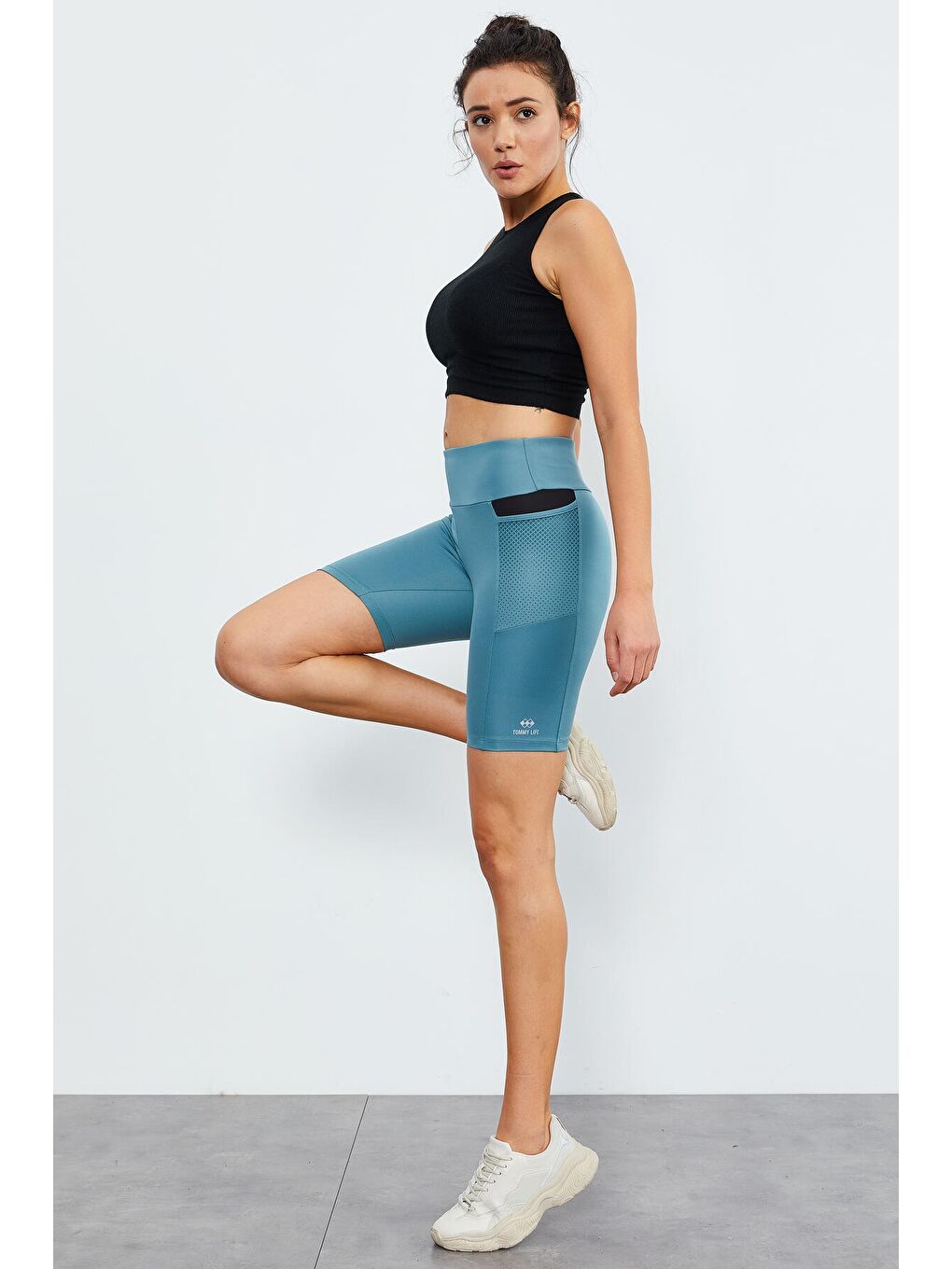 Mint Yeşili File Cepli Yüksek Bel Toparlayıcı Kadın Biker Tayt - 91010-2