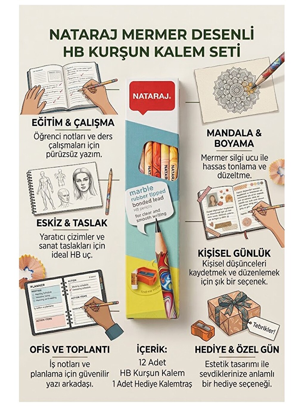 Kurşun Kalem Hb 1 Düzine Kalemtraş Silgi Hediyeli Nataraj Kurşun Kalem Mermer Desen 1 Düzine-3