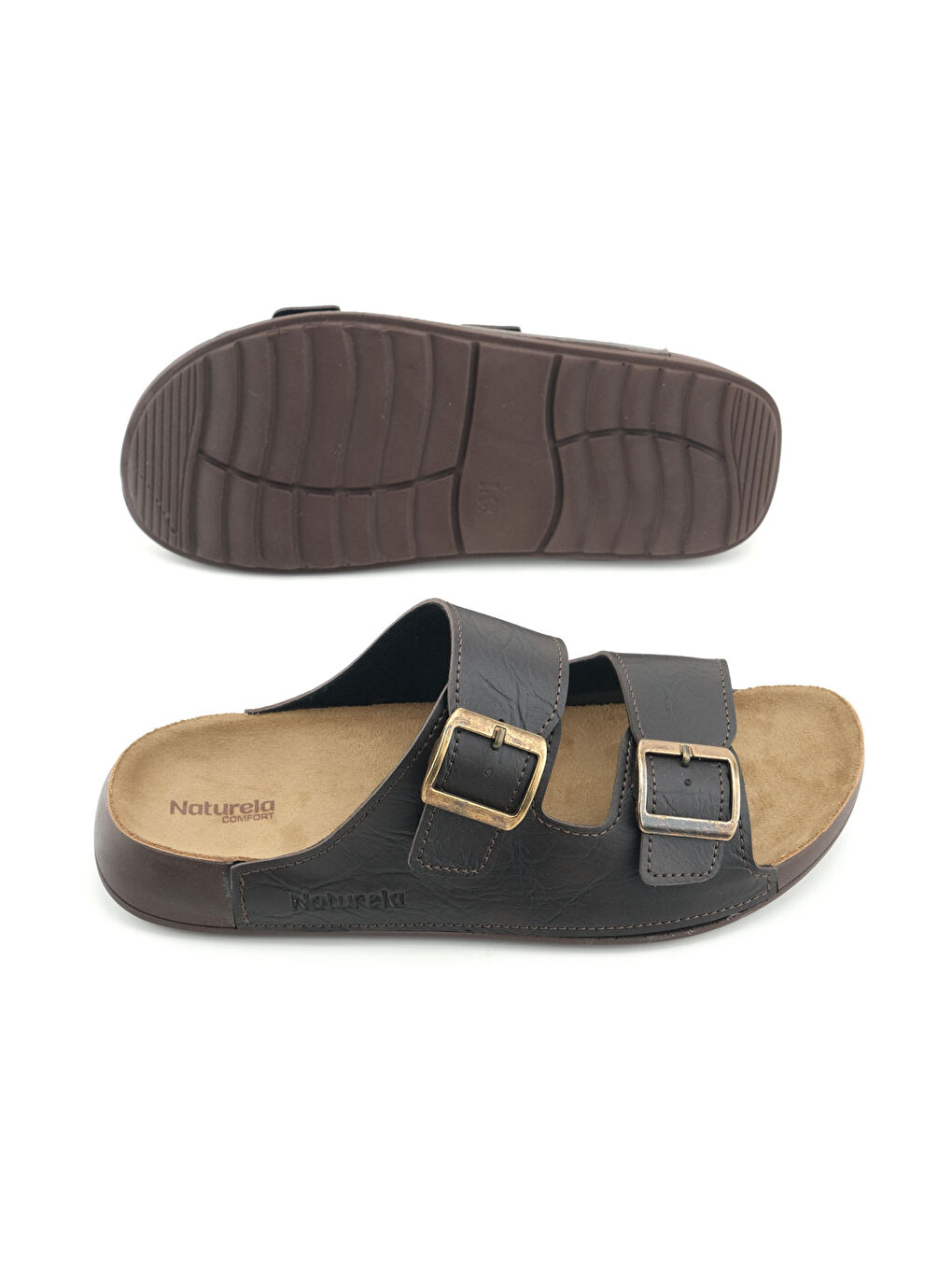 Kahverengi Naturela Comfort Erkek Yazlık Suni Deri Çift Toka Ayarlanabilir Rahat Taban Günlük Terlik-4