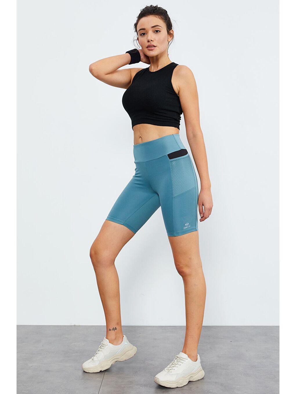 Mint Yeşili File Cepli Yüksek Bel Toparlayıcı Kadın Biker Tayt - 91010-4