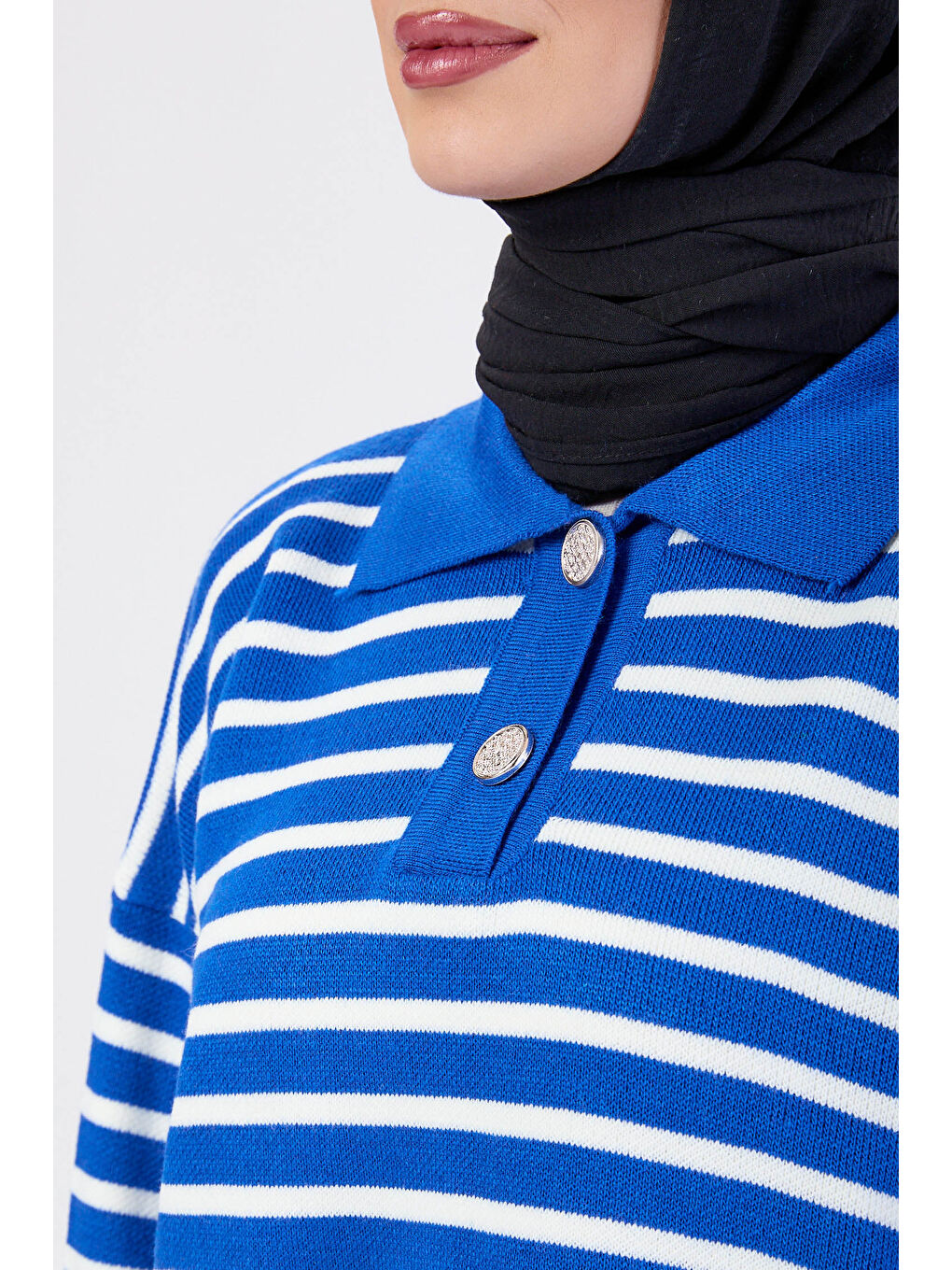 Mavi Çift Düğmeli Çizgili Triko Kazak Saks - 27628-2