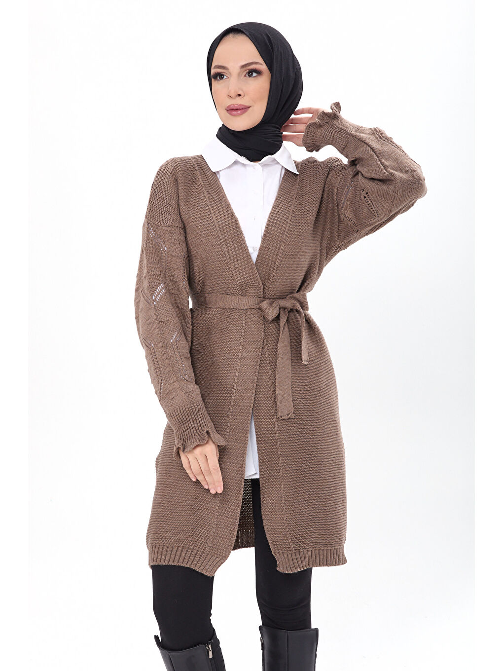 Bej Kemerli Kolu İşlemeli Triko Hırka Vizon - 27631