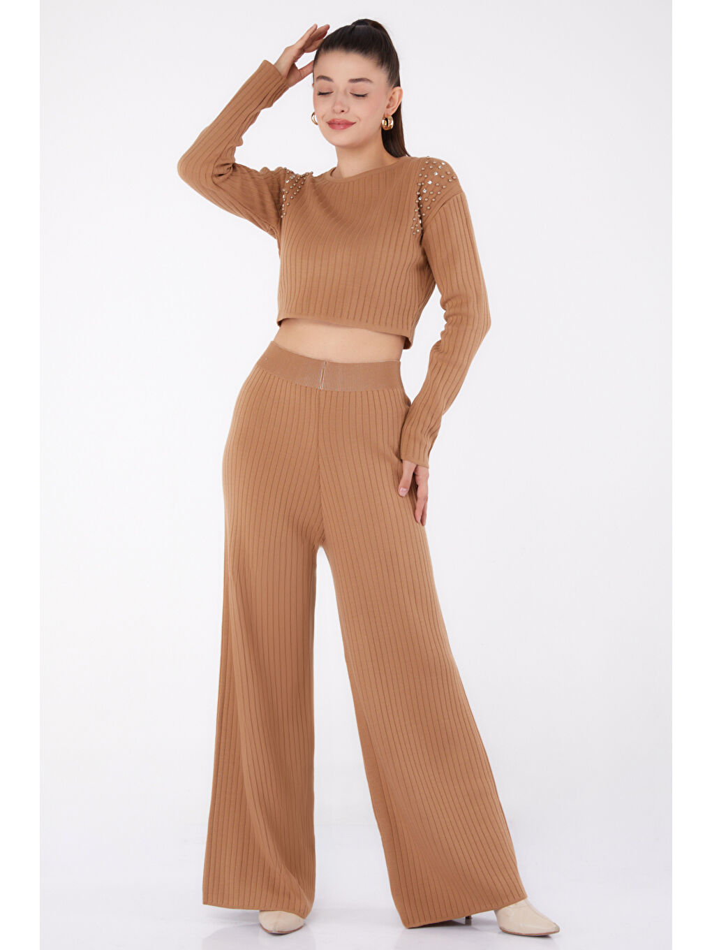 Kahverengi Fitilli Taş Detaylı Triko Takım Taba - 27633