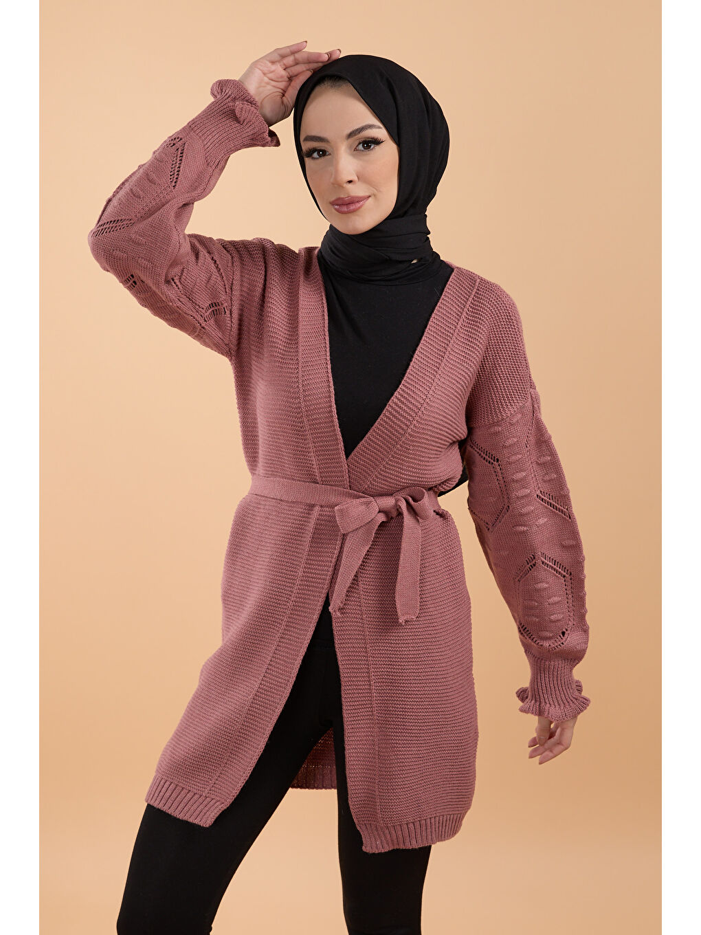 Pembe Kemerli Kolu İşlemeli Triko Hırka Gul - 27631