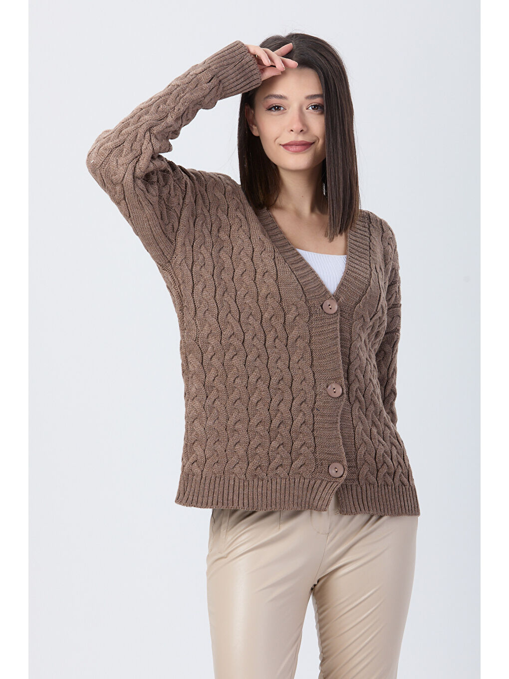 Bej Örgülü Triko Hırka Vizon - 27657-3