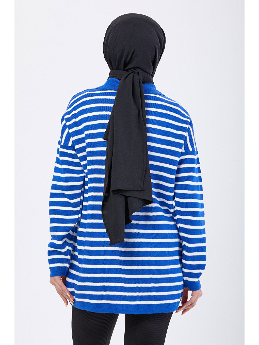 Mavi Çift Düğmeli Çizgili Triko Kazak Saks - 27628-3