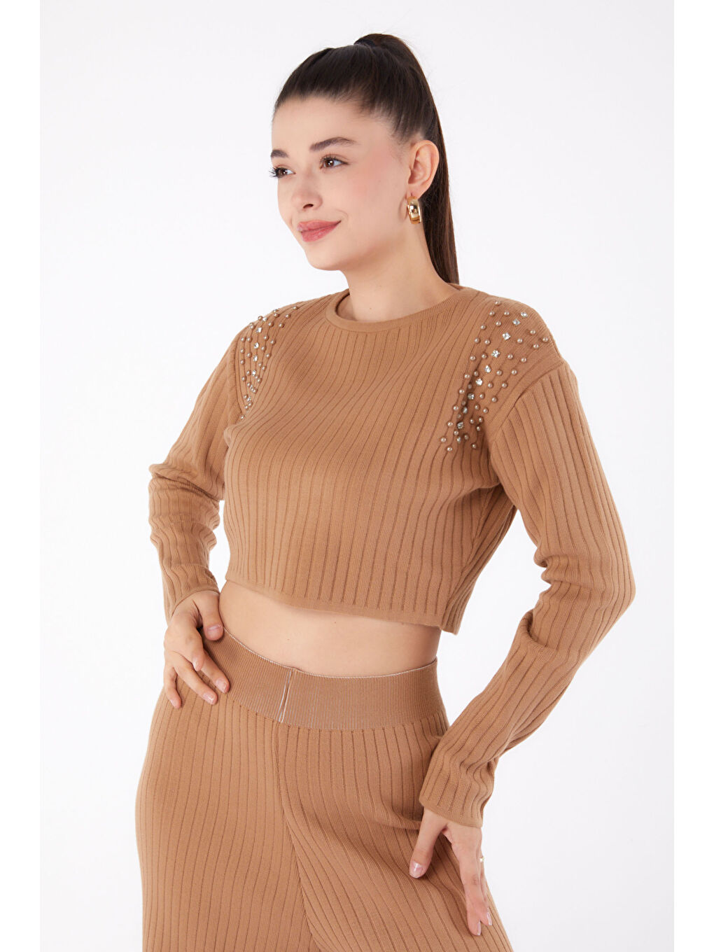 Kahverengi Fitilli Taş Detaylı Triko Takım Taba - 27633-1