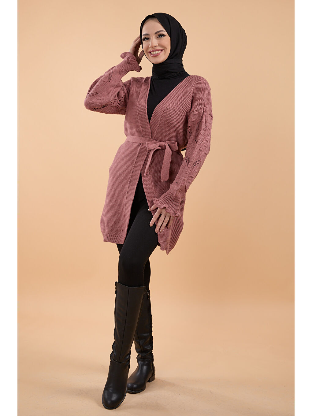 Pembe Kemerli Kolu İşlemeli Triko Hırka Gul - 27631-1