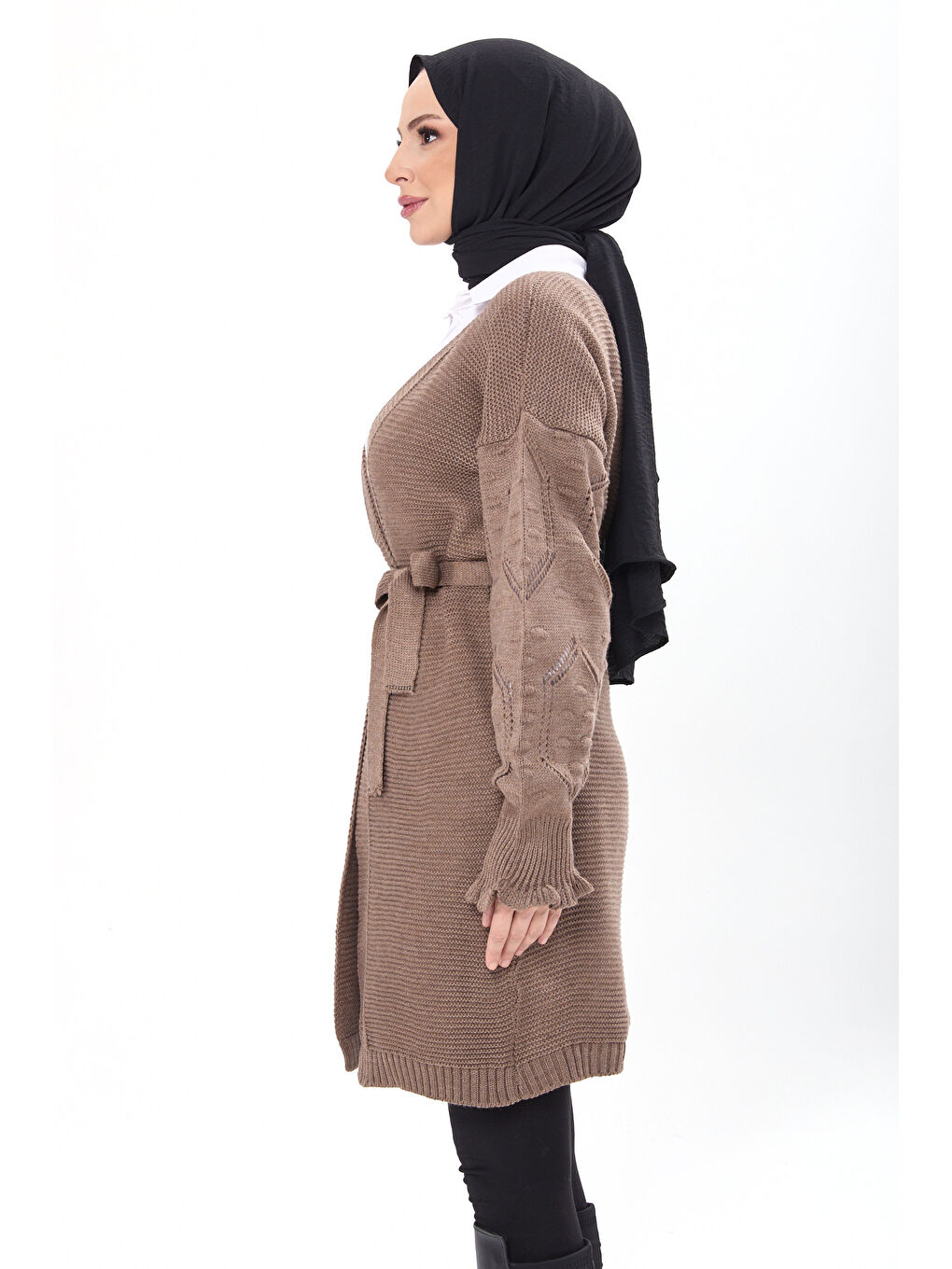 Bej Kemerli Kolu İşlemeli Triko Hırka Vizon - 27631-2