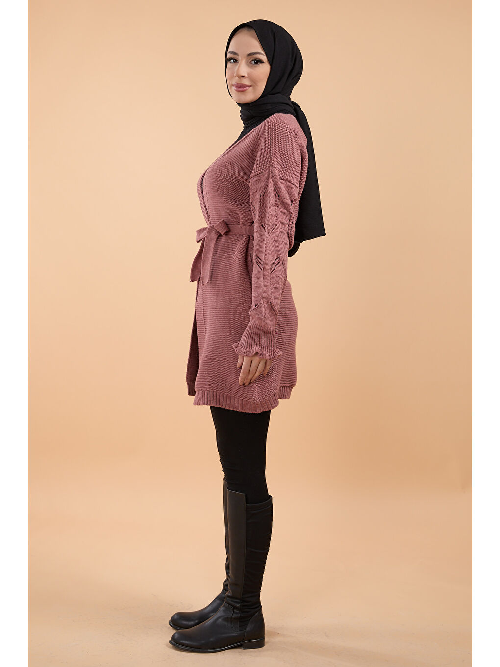 Pembe Kemerli Kolu İşlemeli Triko Hırka Gul - 27631-2