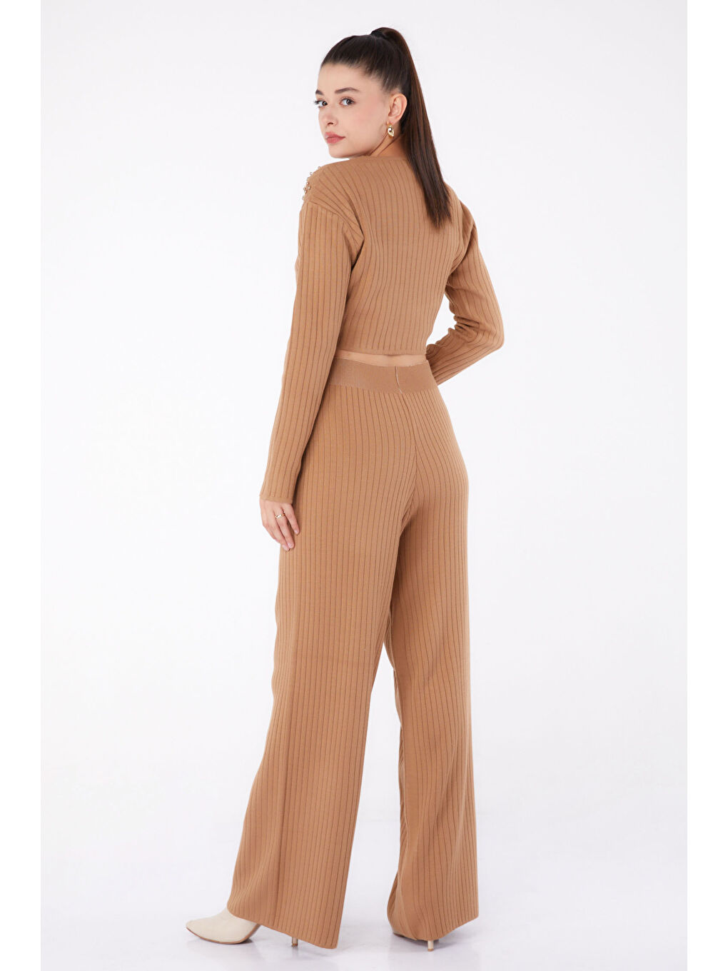 Kahverengi Fitilli Taş Detaylı Triko Takım Taba - 27633-3