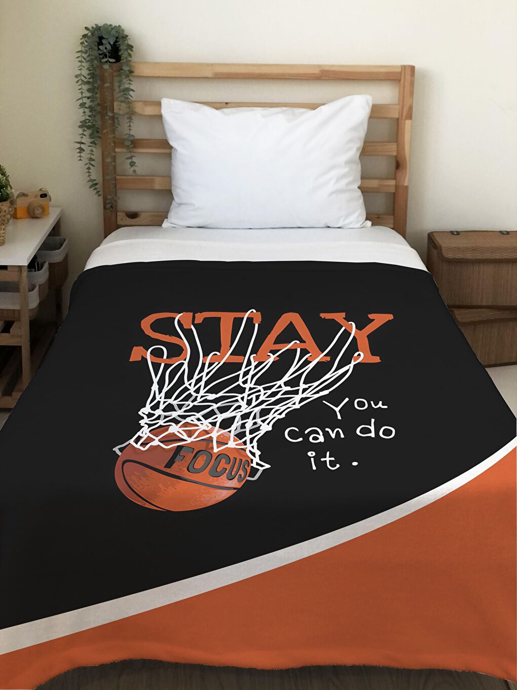 EVMİLA Karışık Basketbol Desenli Soft Baskılı Tek Kişilik 150x220 Cm Battaniye - Siyah