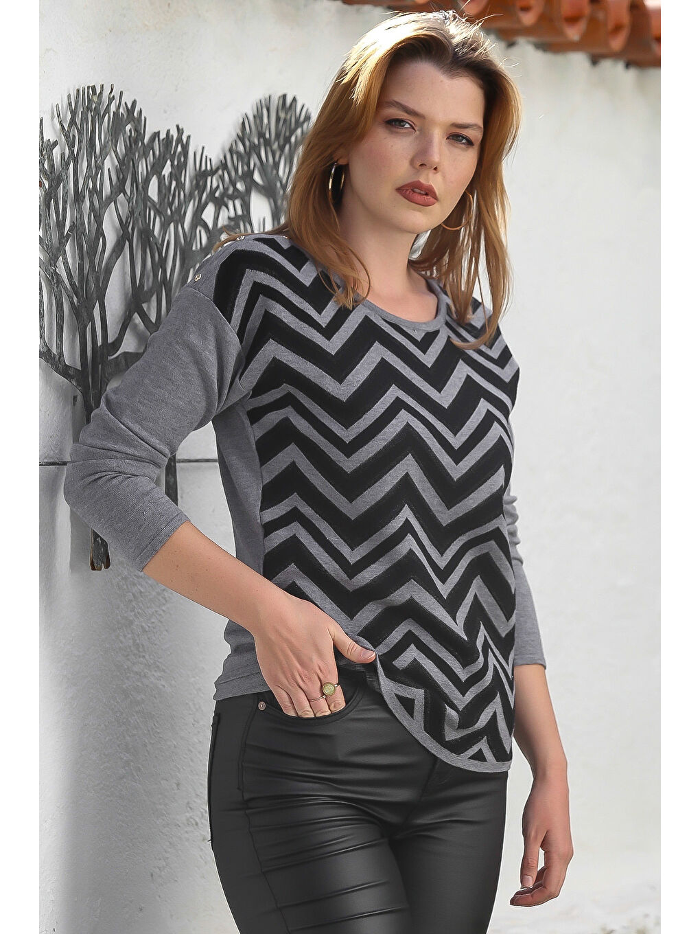 Gri Melanj Kayık Yaka Uzun Kol Zigzag Desenli Casual Triko Kazak 65 60