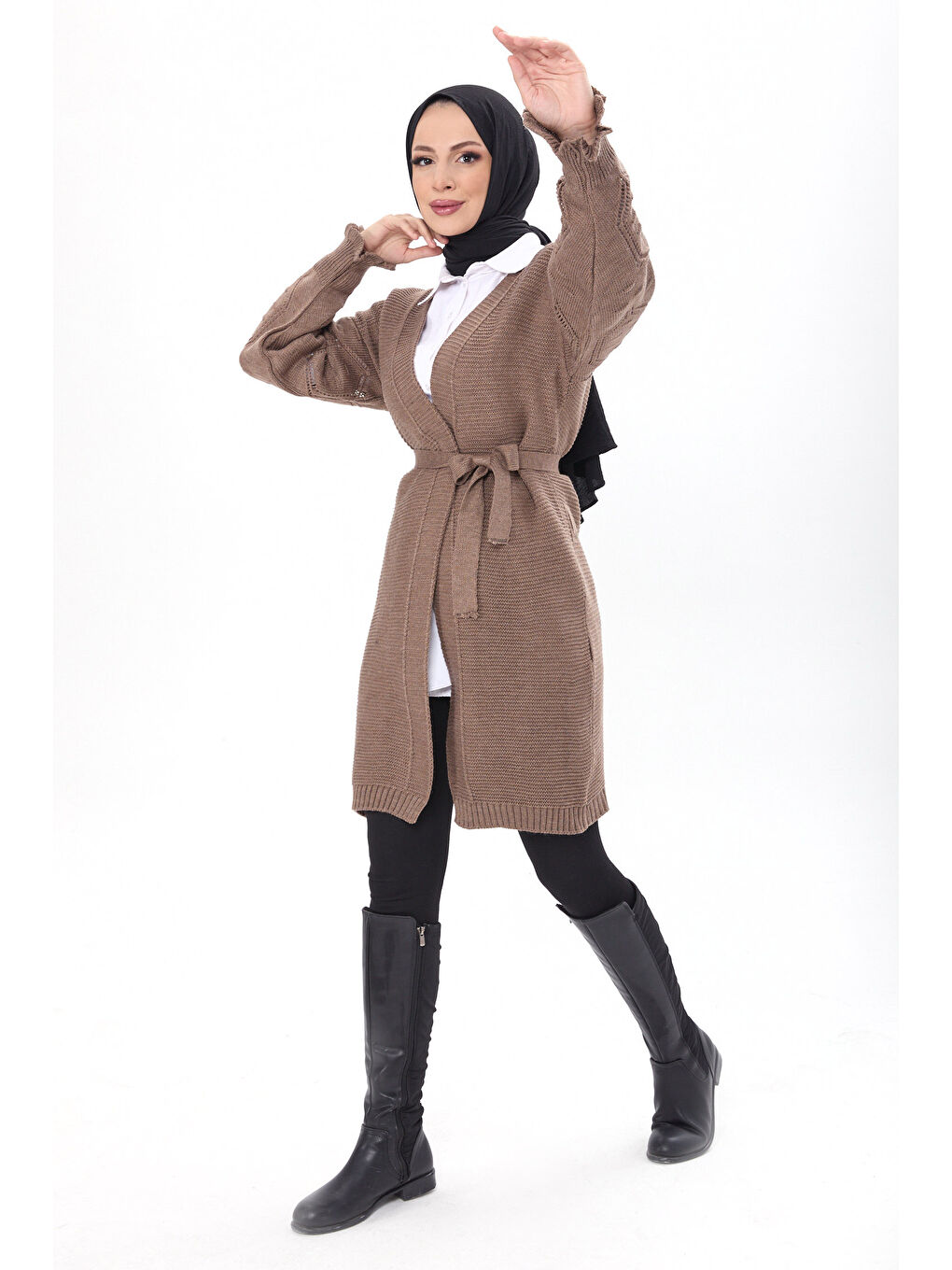 Bej Kemerli Kolu İşlemeli Triko Hırka Vizon - 27631-3