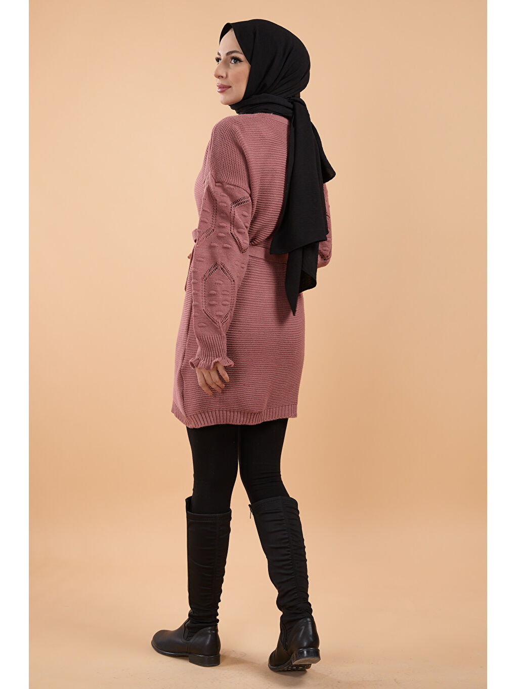 Pembe Kemerli Kolu İşlemeli Triko Hırka Gul - 27631-3