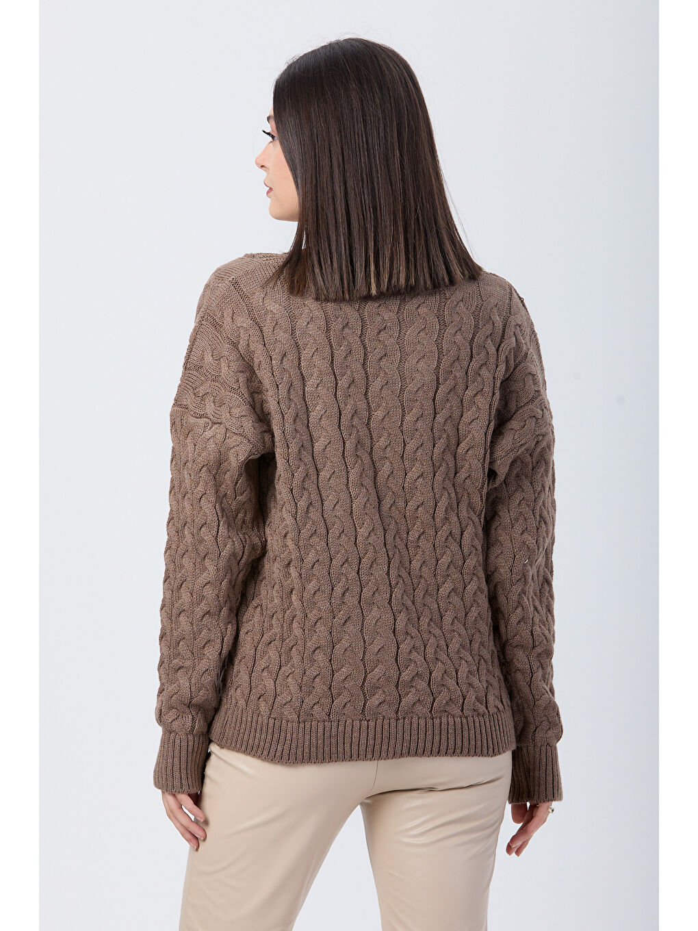 Bej Örgülü Triko Hırka Vizon - 27657-5