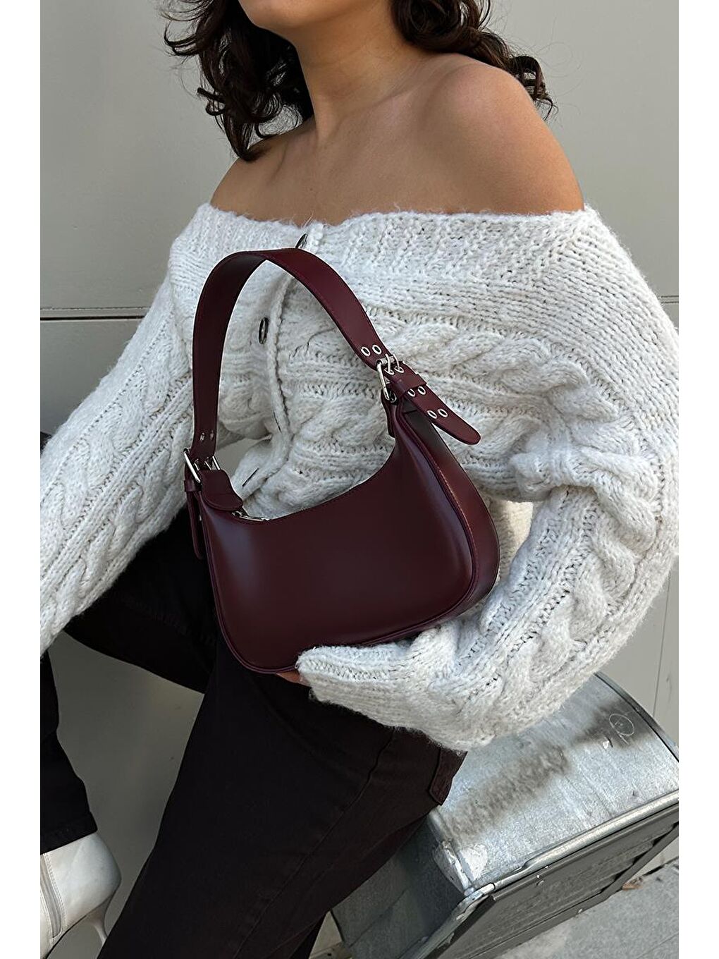 Muse Oval Baget Çanta Bordo-8