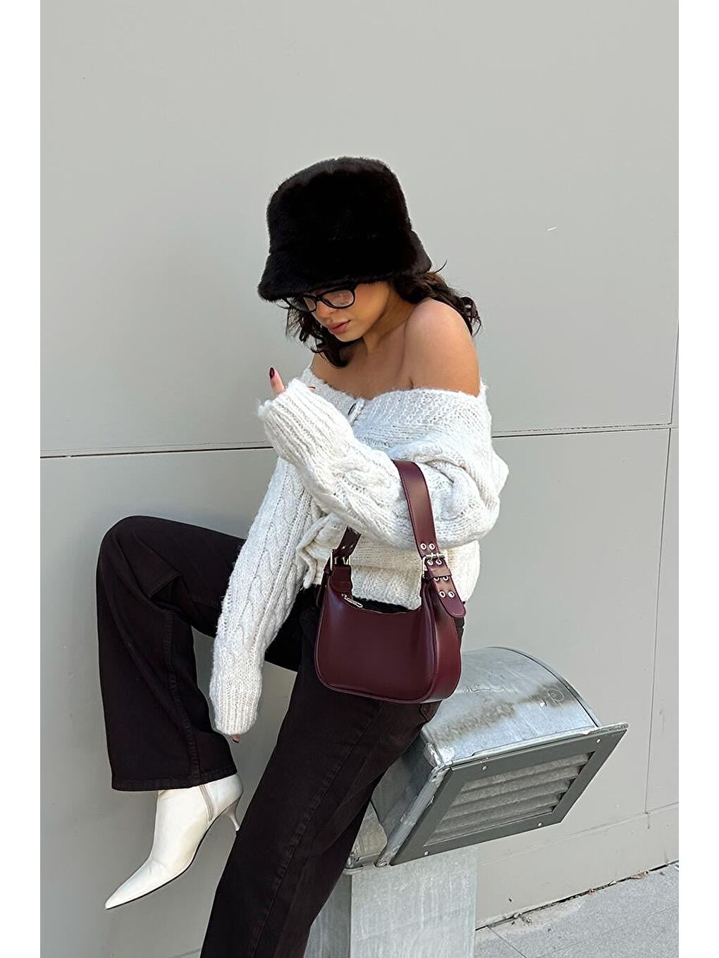 Muse Oval Baget Çanta Bordo-9