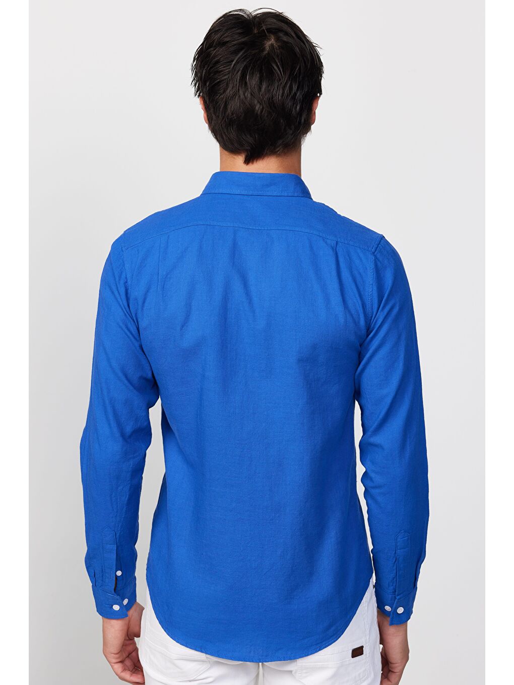 Slim Fit Uzun Kol Biyeli Yaka Düğmeli Keten Saks Mavi Erkek Gömlek-4