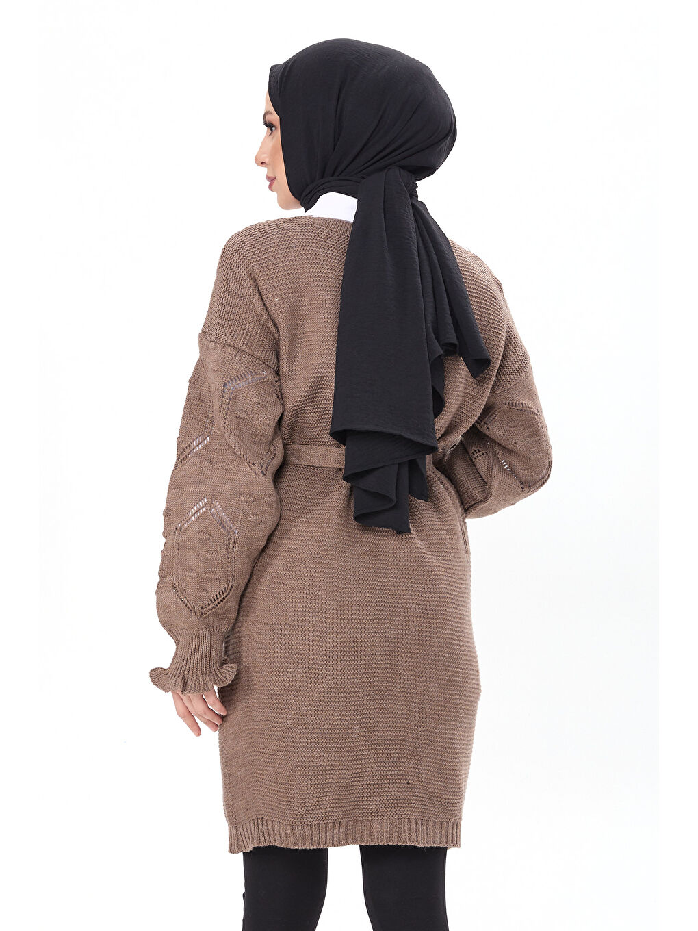 Bej Kemerli Kolu İşlemeli Triko Hırka Vizon - 27631-4