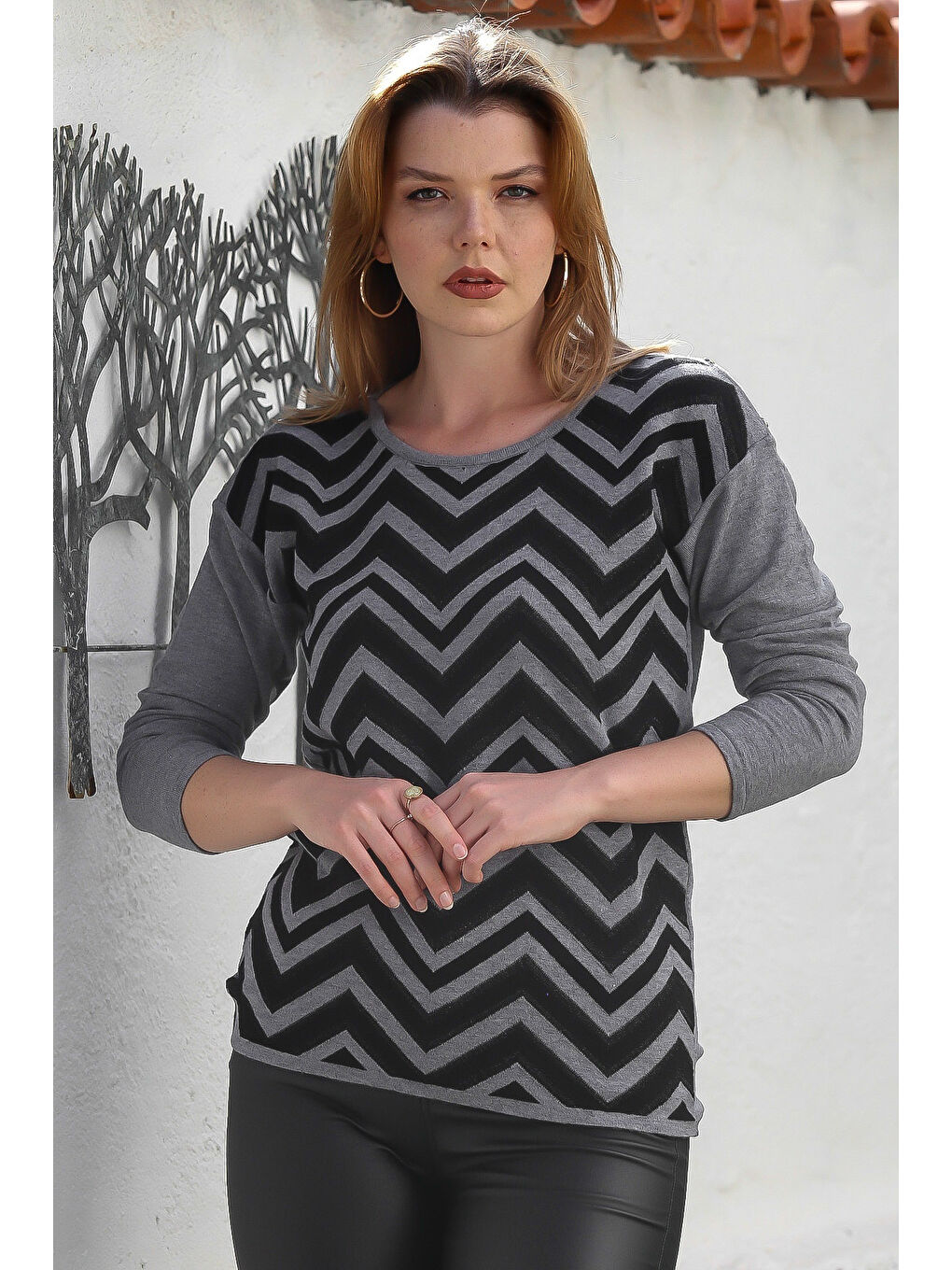 Gri Melanj Kayık Yaka Uzun Kol Zigzag Desenli Casual Triko Kazak 65 60-1