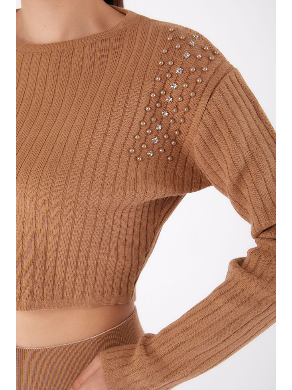Kahverengi Fitilli Taş Detaylı Triko Takım Taba - 27633-4