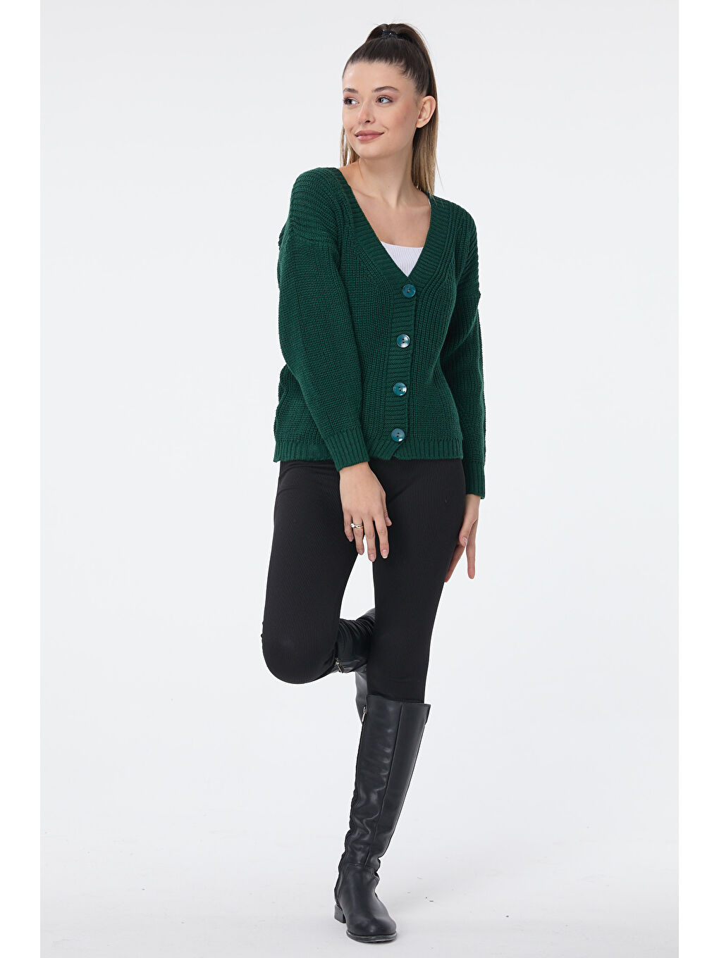 Yeşil Düğmeli Mini Triko Hırka Zumrut - 27626