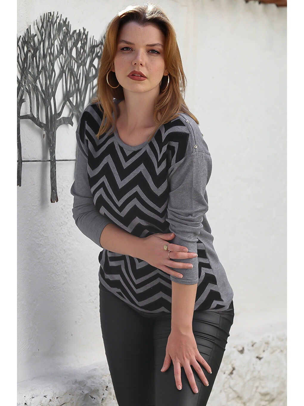 Gri Melanj Kayık Yaka Uzun Kol Zigzag Desenli Casual Triko Kazak 65 60-2