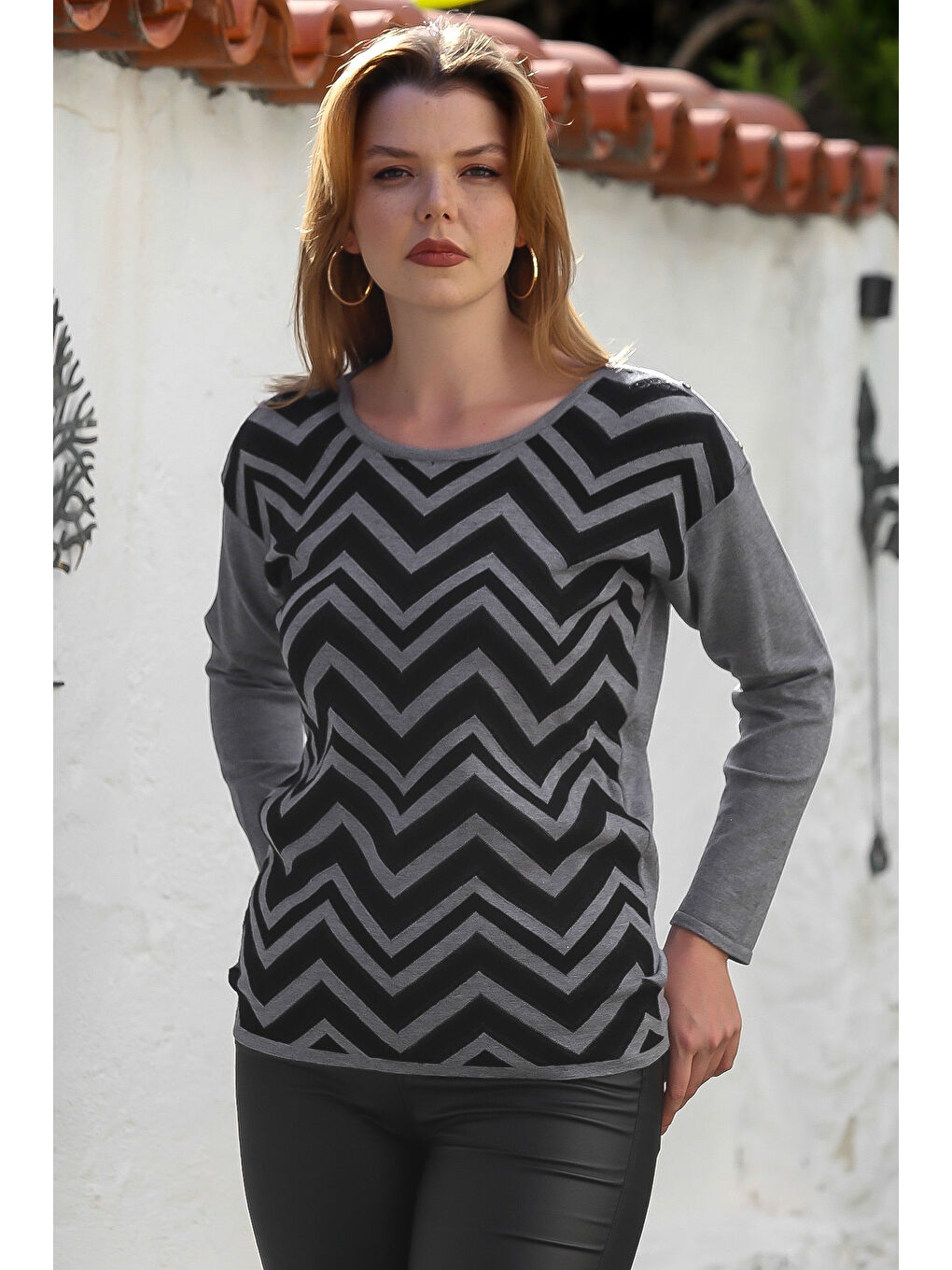 Gri Melanj Kayık Yaka Uzun Kol Zigzag Desenli Casual Triko Kazak 65 60-3