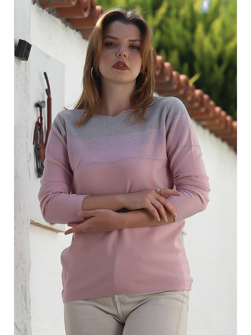 Pembe Somon Rengi Kayık Yaka Uzun Kol Simli Casual Triko Kazak 65 60