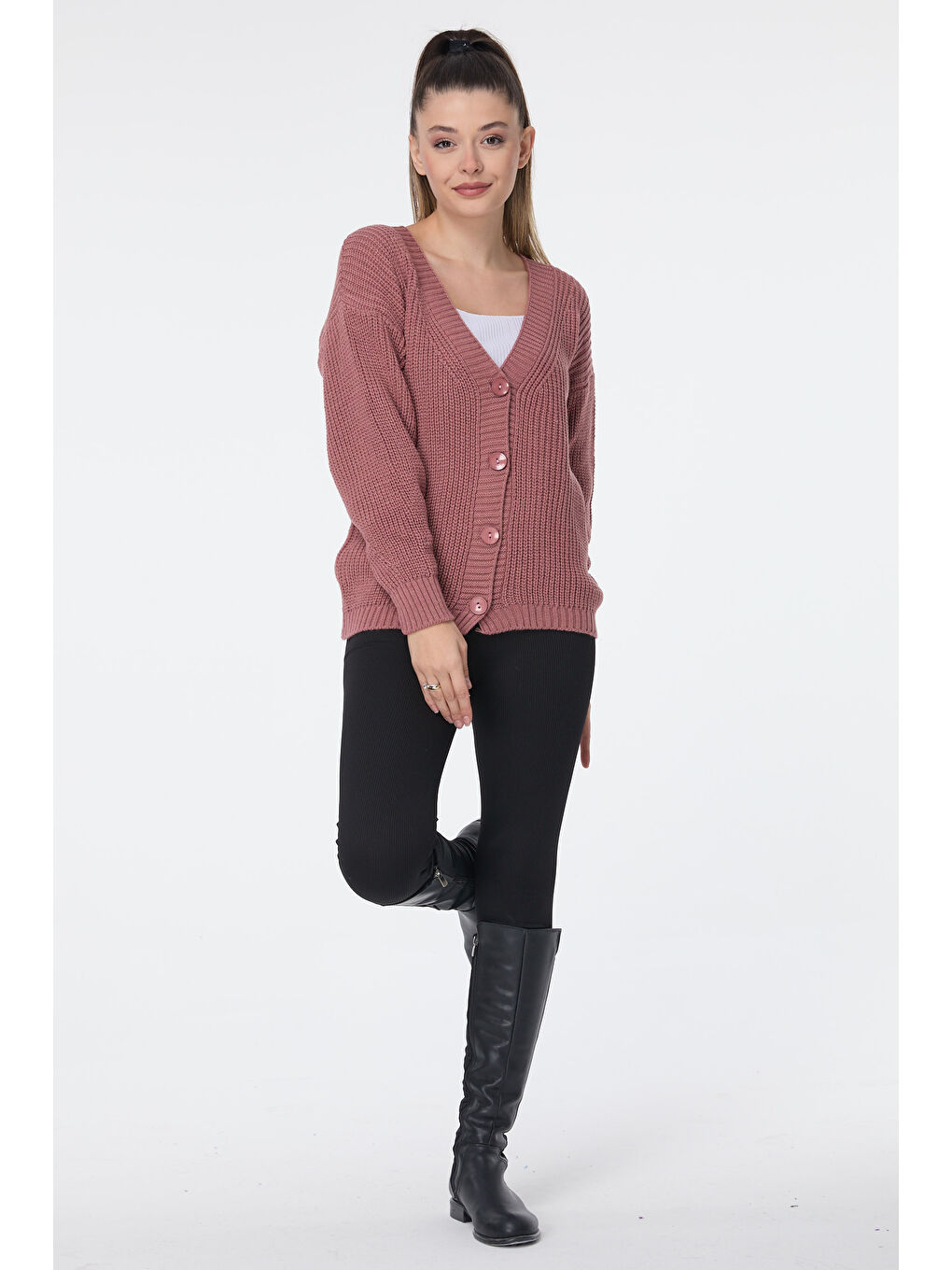 Pembe Düğmeli Mini Triko Hırka Gul Kurusu - 27626