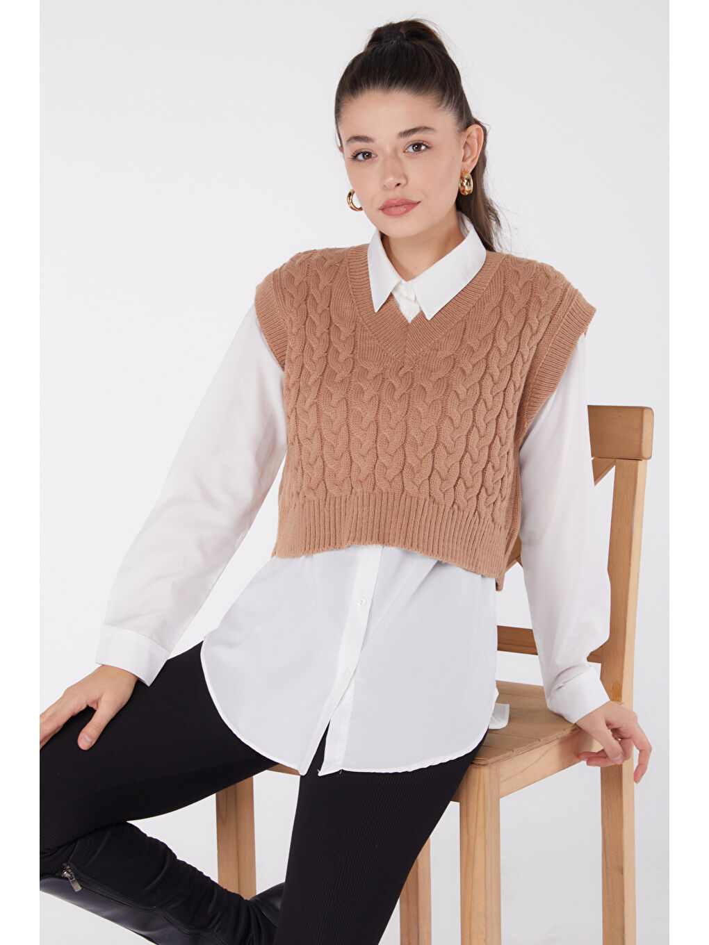 Bej Mini Salaş Triko Süveter Vizon - 27646