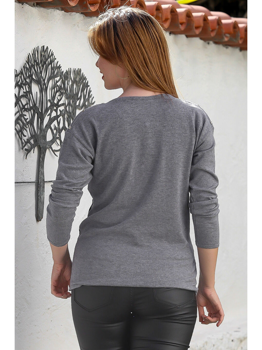 Gri Melanj Kayık Yaka Uzun Kol Zigzag Desenli Casual Triko Kazak 65 60-4