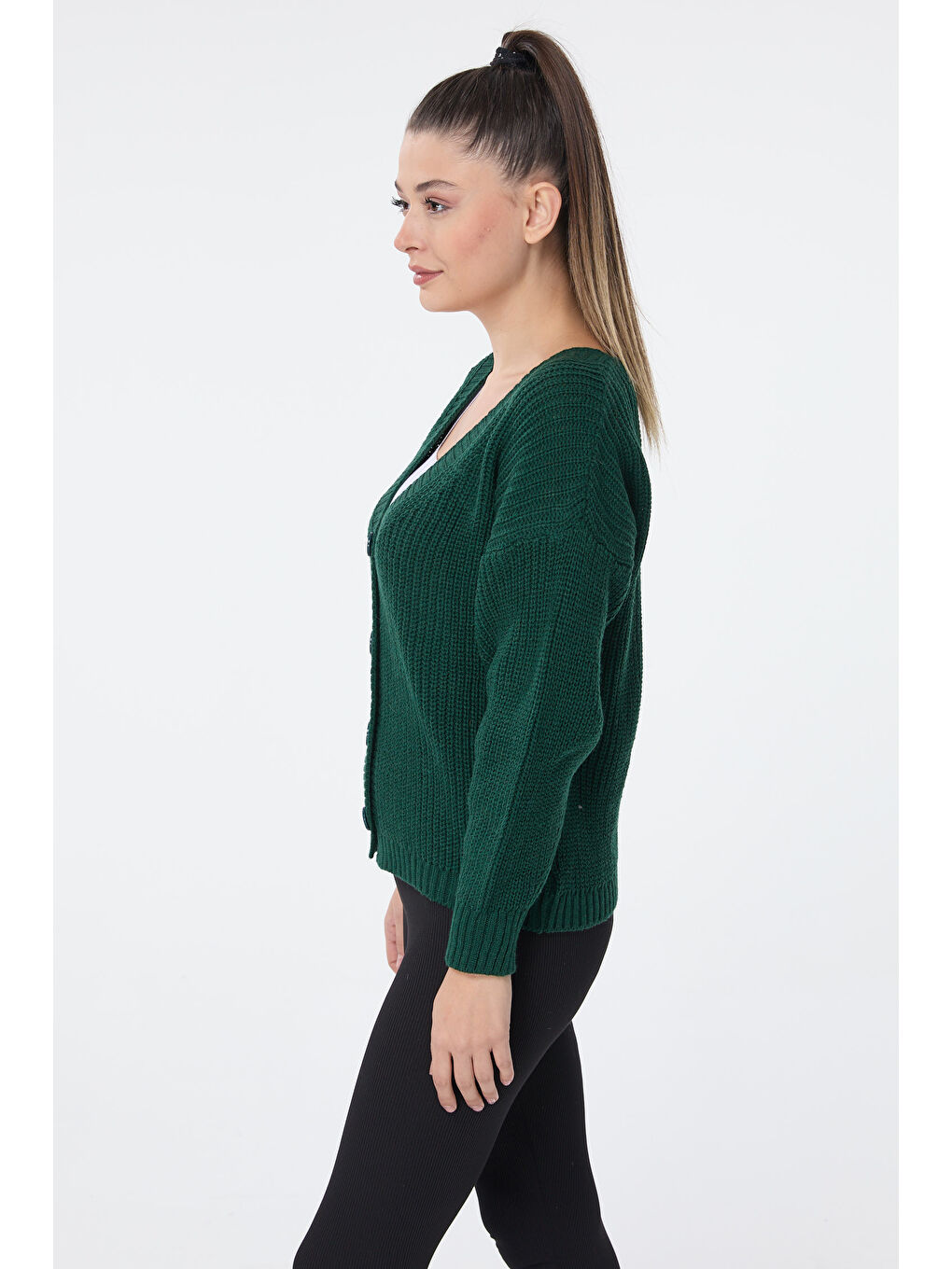 Yeşil Düğmeli Mini Triko Hırka Zumrut - 27626-2