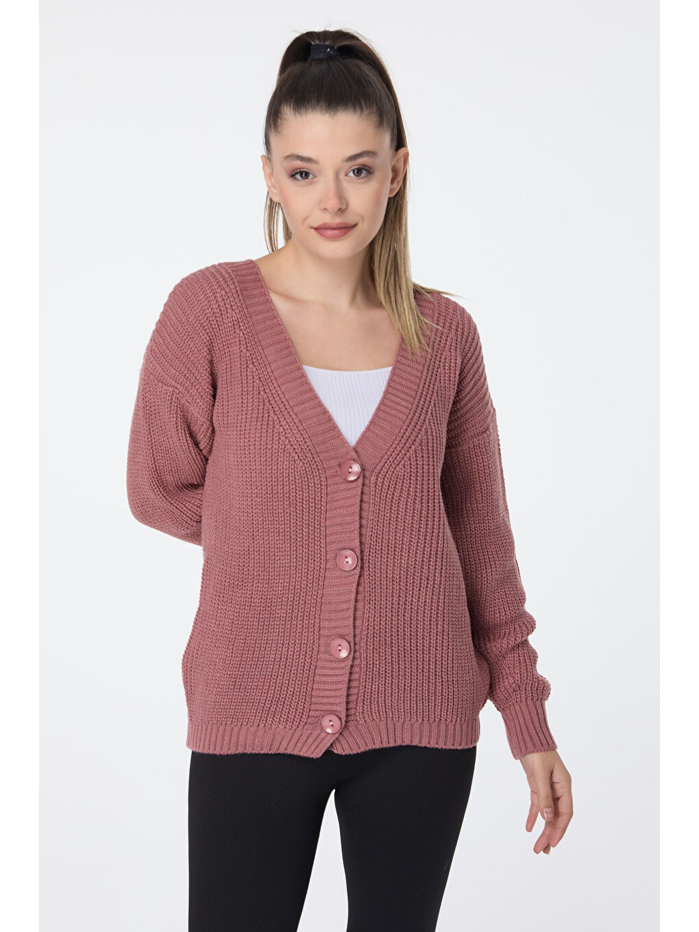 Pembe Düğmeli Mini Triko Hırka Gul Kurusu - 27626-1