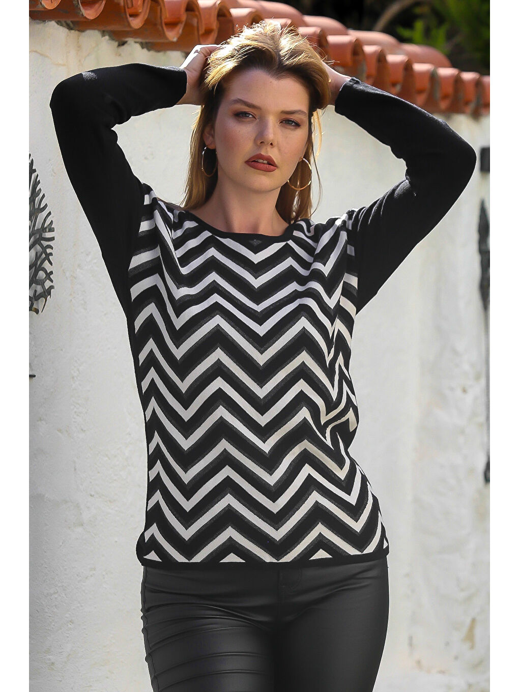 Gri Melanj Kayık Yaka Uzun Kol Zigzag Desenli Casual Triko Kazak 65 60-6