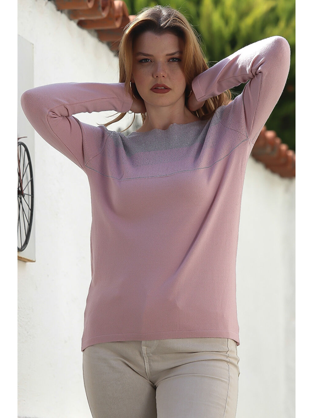 Pembe Somon Rengi Kayık Yaka Uzun Kol Simli Casual Triko Kazak 65 60-3