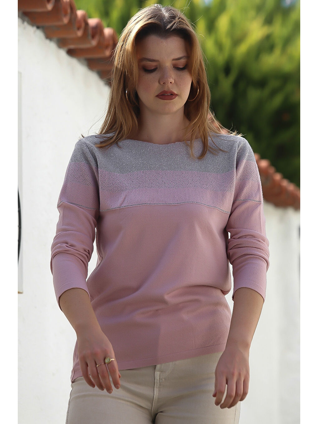 Pembe Somon Rengi Kayık Yaka Uzun Kol Simli Casual Triko Kazak 65 60-4