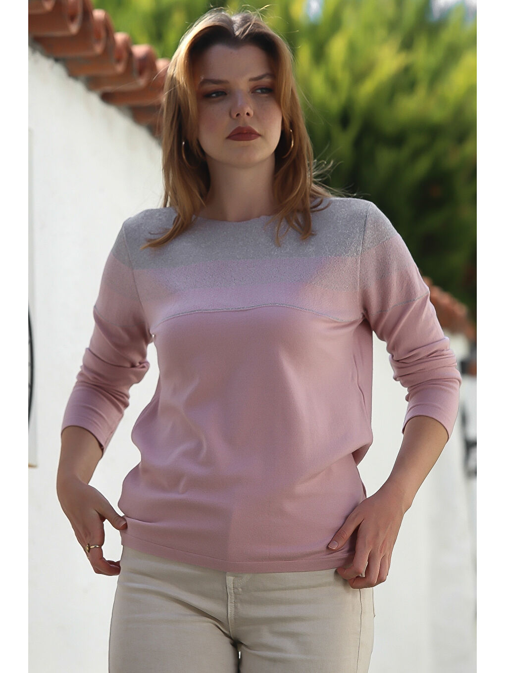 Pembe Somon Rengi Kayık Yaka Uzun Kol Simli Casual Triko Kazak 65 60-5