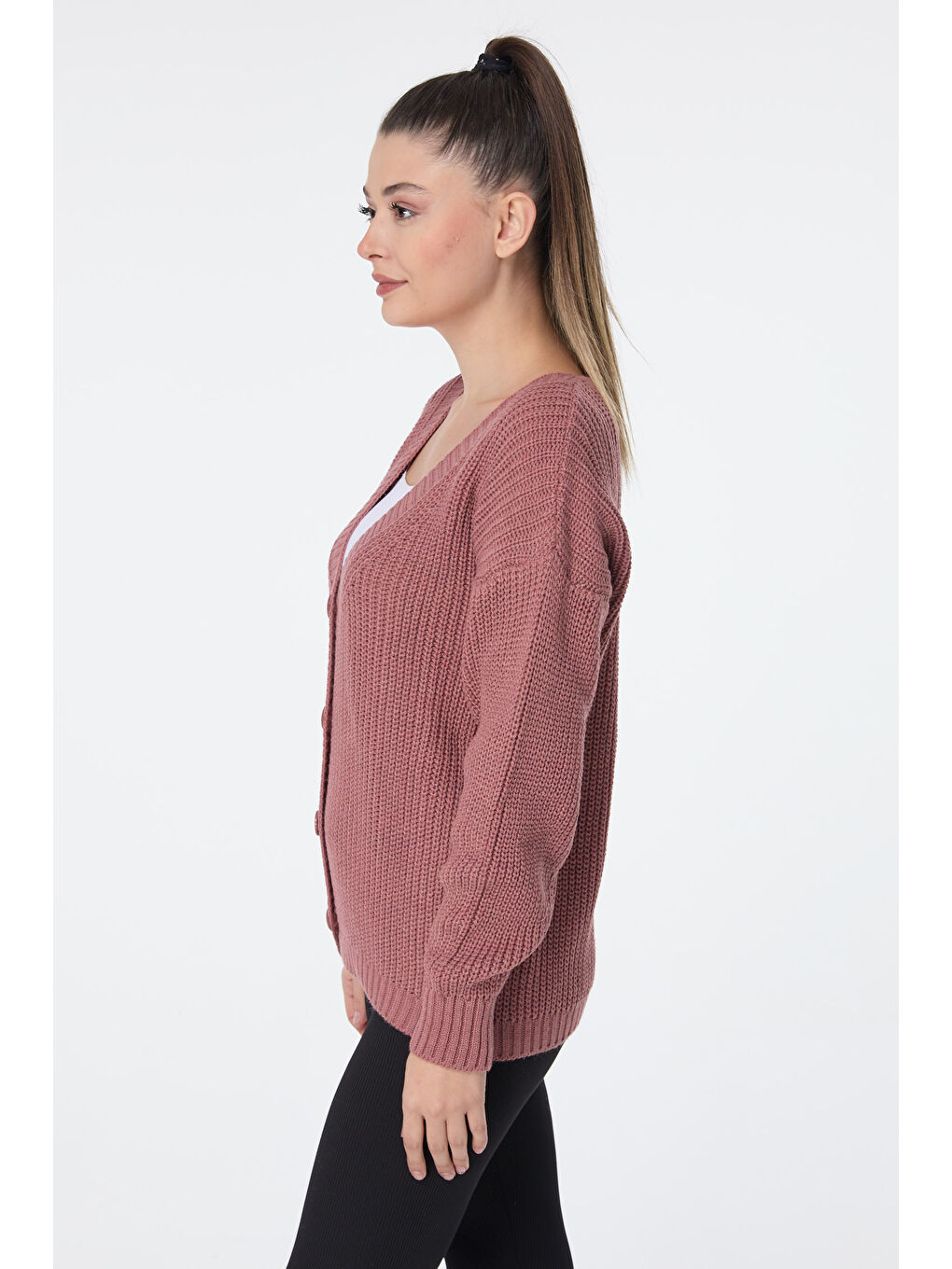 Pembe Düğmeli Mini Triko Hırka Gul Kurusu - 27626-2