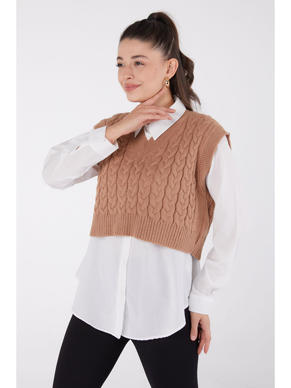 Bej Mini Salaş Triko Süveter Vizon - 27646-1