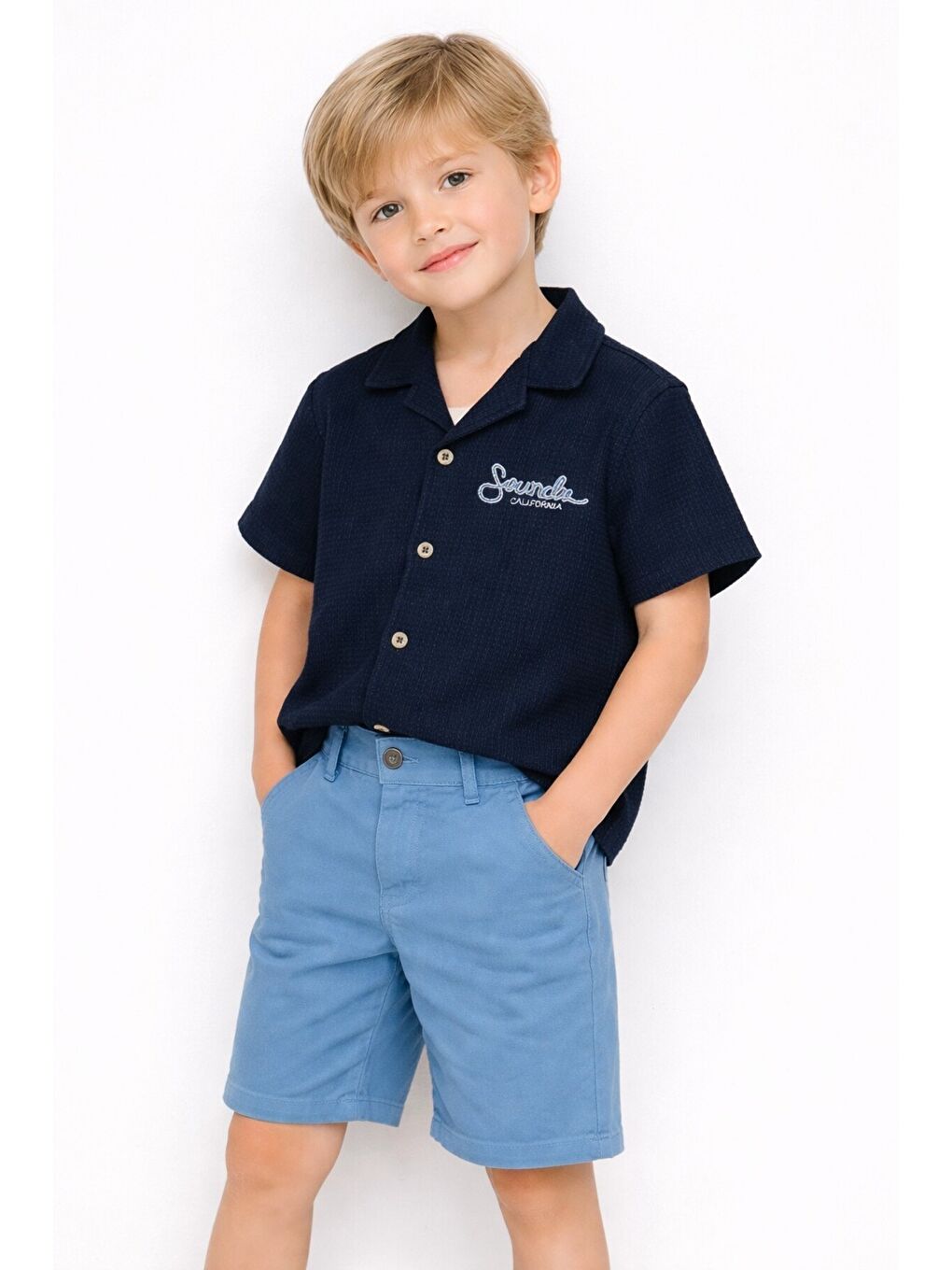 Lacivert Tarz Gömlekli Belden Ayarlanabilir Kısa Kollu Şortlu 2'li Takım