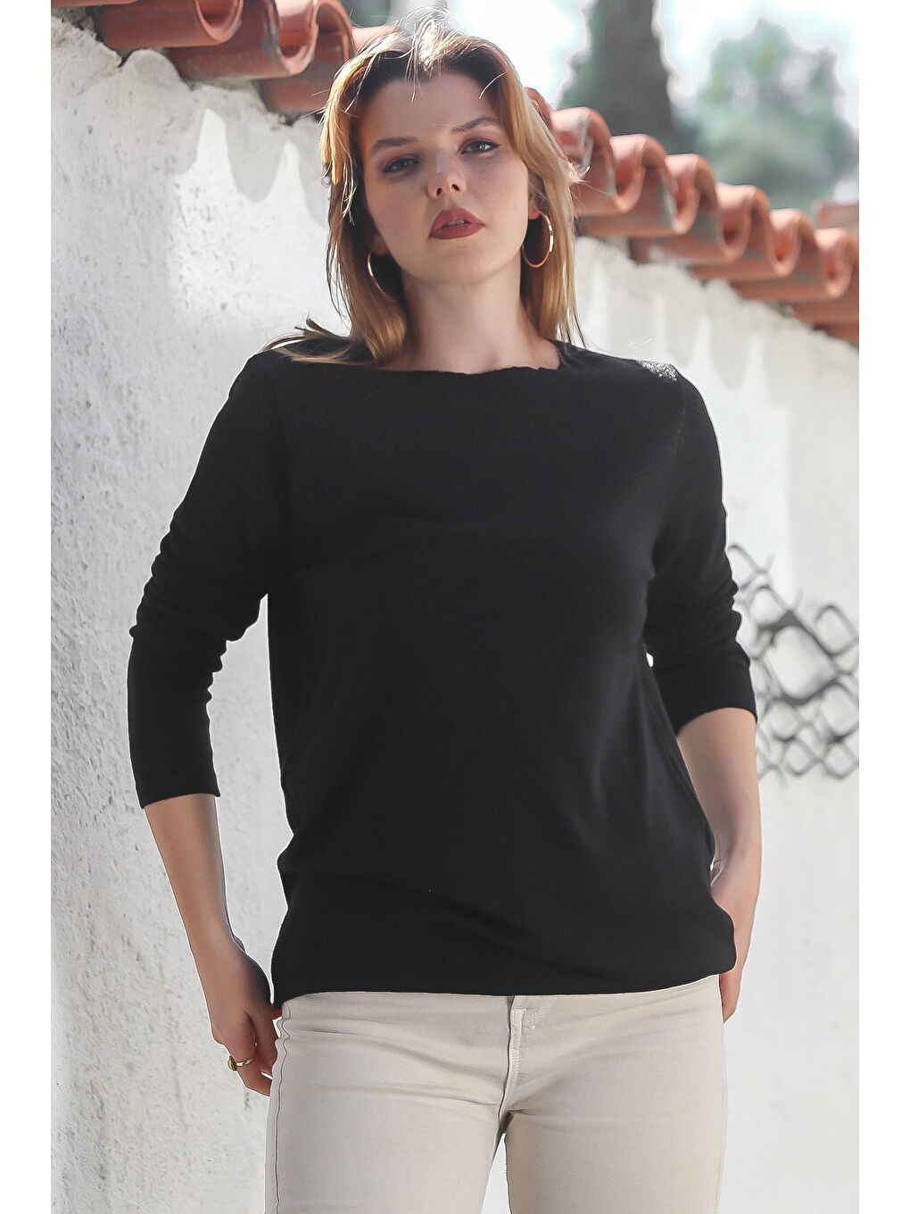 Siyah Kayık Yaka Uzun Kol Simli Casual Triko Kazak 65 60-1