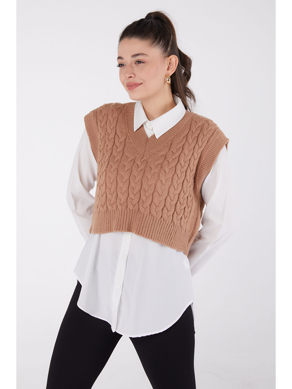 Bej Mini Salaş Triko Süveter Vizon - 27646-2