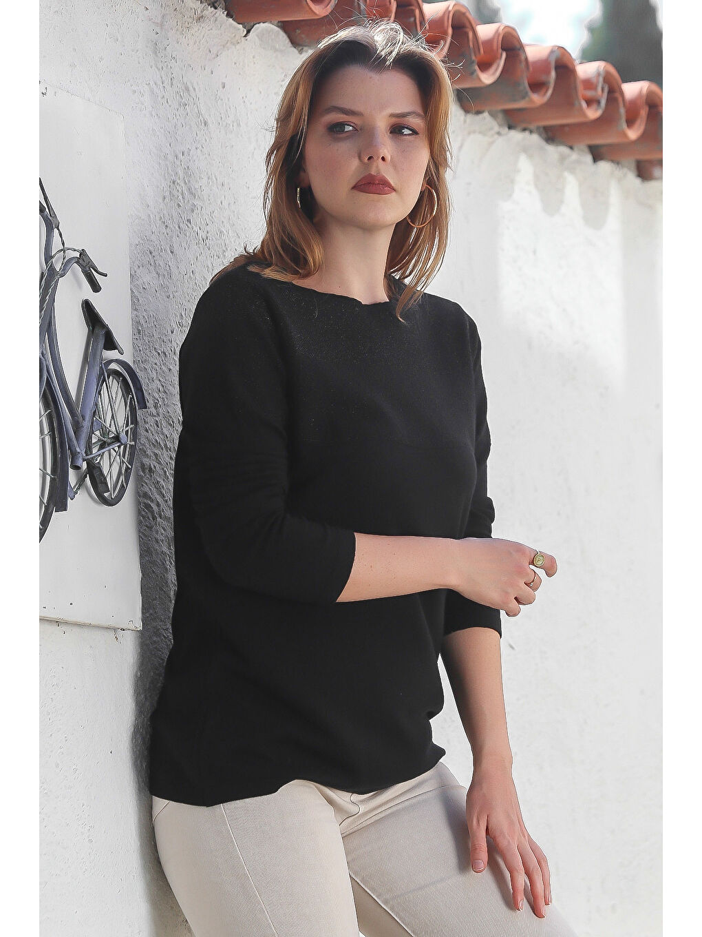 Siyah Kayık Yaka Uzun Kol Simli Casual Triko Kazak 65 60-2