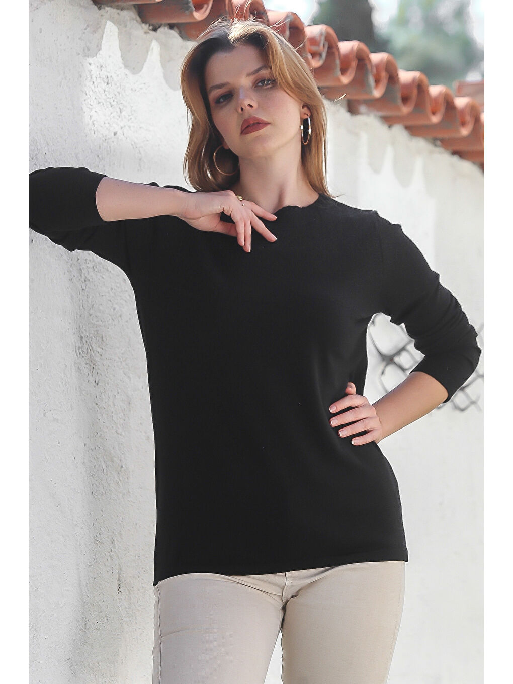 Siyah Kayık Yaka Uzun Kol Simli Casual Triko Kazak 65 60-4