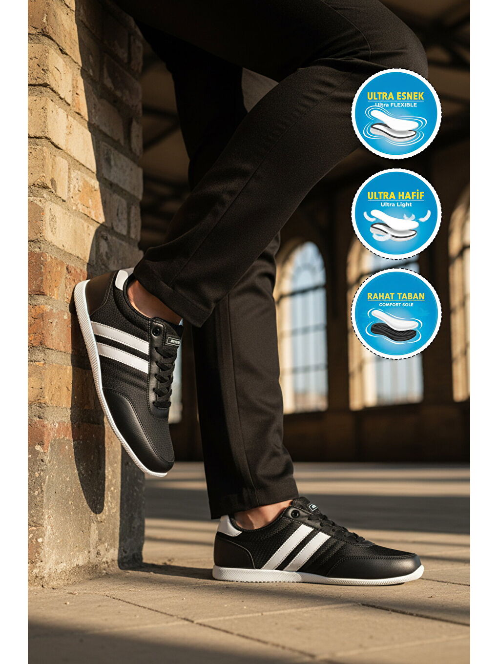 Siyah Beyaz Bağcıklı Hafif Esnek Erkek Spor Ayakkabı BST-2086 M-2