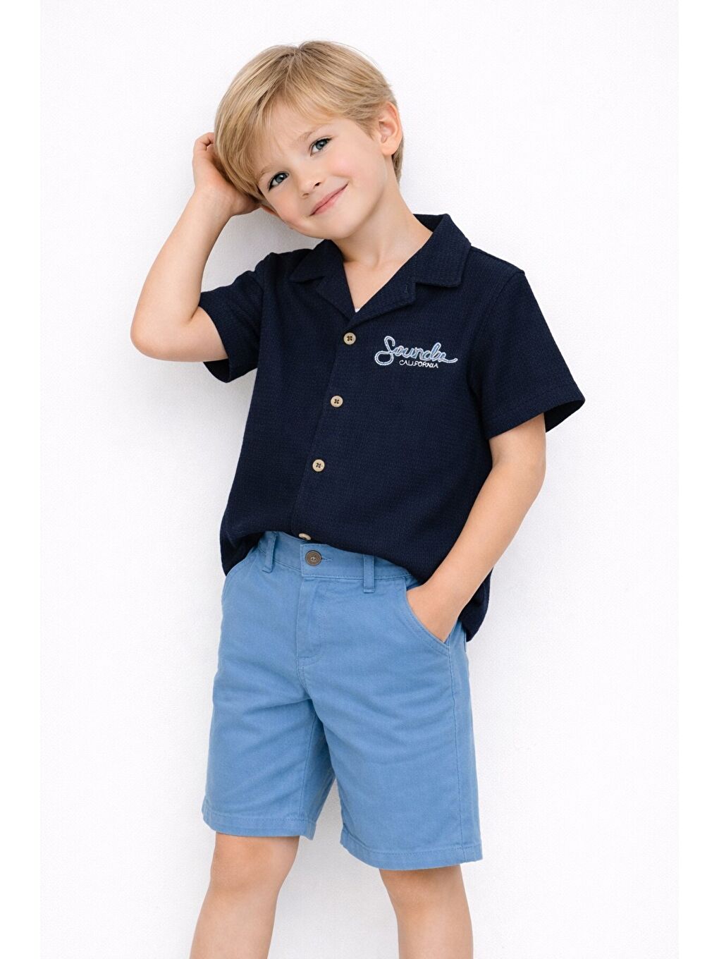 Lacivert Tarz Gömlekli Belden Ayarlanabilir Kısa Kollu Şortlu 2'li Takım-1